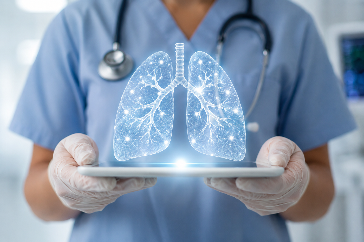 Healthcare professional holding a digital illustration of human lungs representing airway management and respiratory care