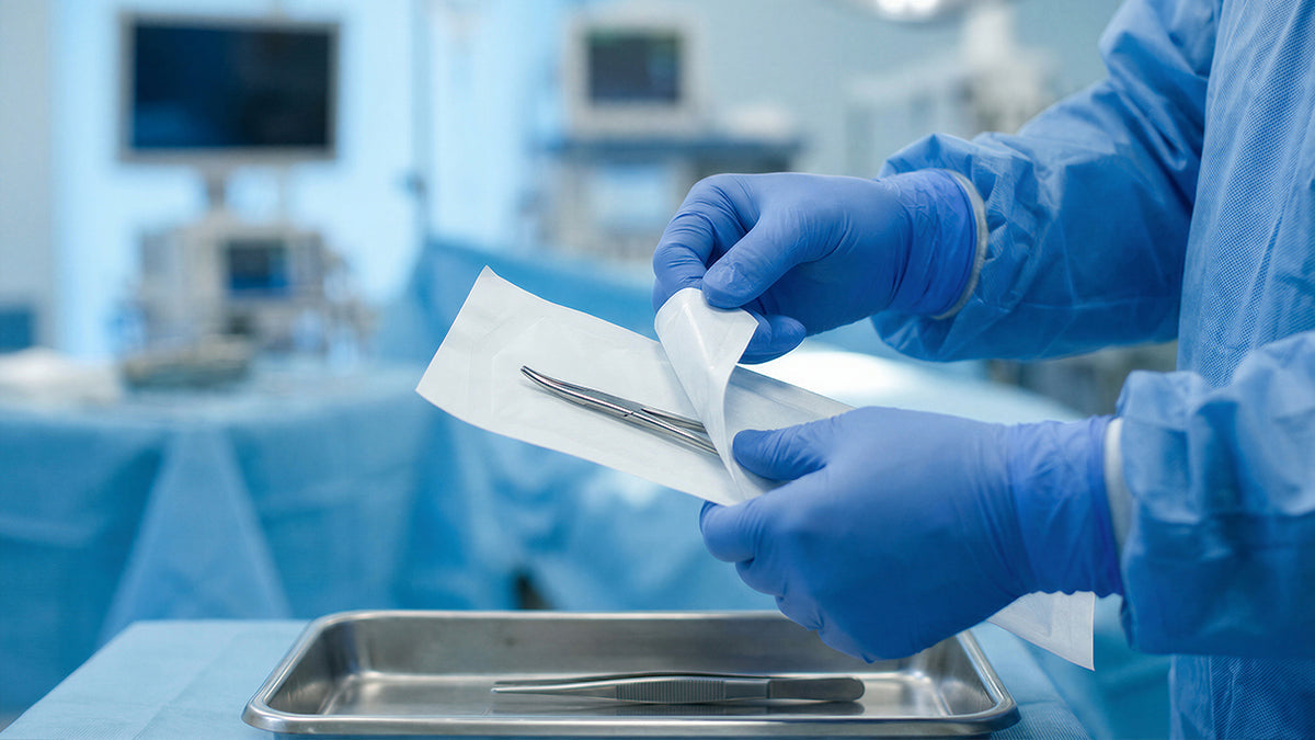 Healthcare professional opening a sterile single-use surgical instrument from a sealed pouch before a medical procedure.