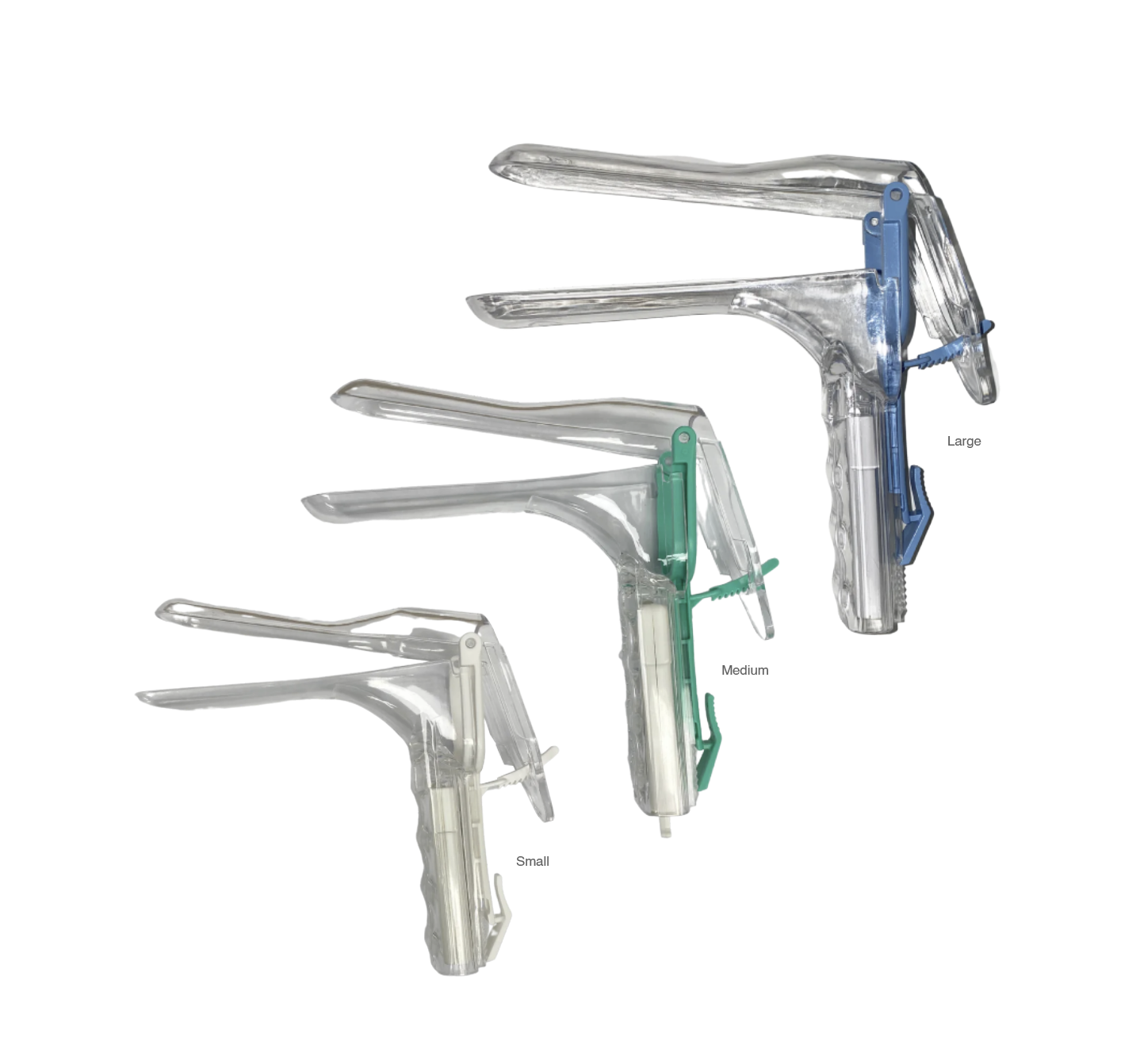The image displays three different sizes of disposable vaginal speculums arranged diagonally from small to large against a stark white background.